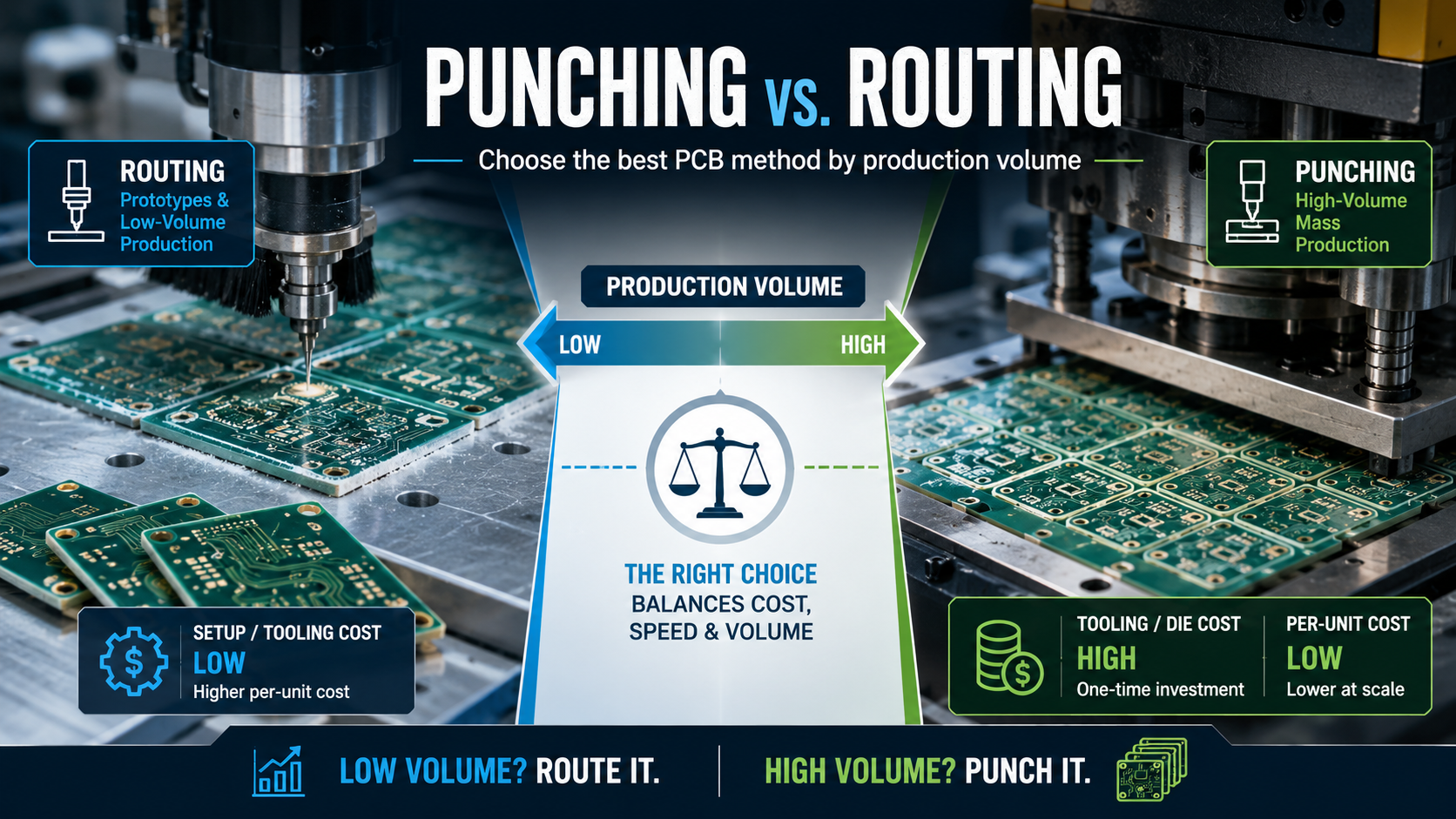A close-up of a PCB being manufactured with text overlay "Punching vs. Routing"